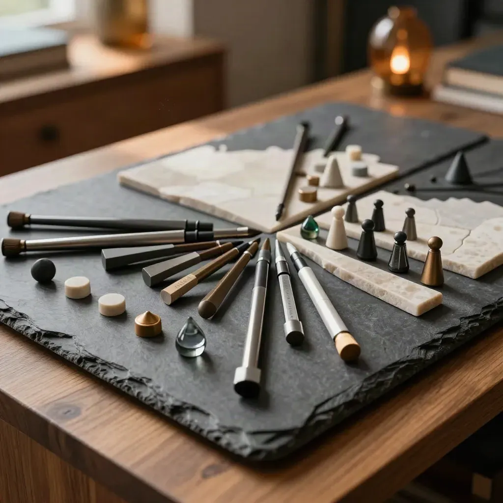 Slate board with stone, glass and steel markers spreading outward in a cosy late-afternoon study.