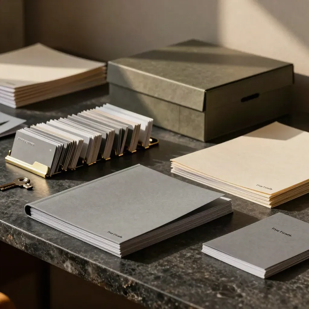 Closed research sleeves, archive box and brass clips on a charcoal stone desk in moody light