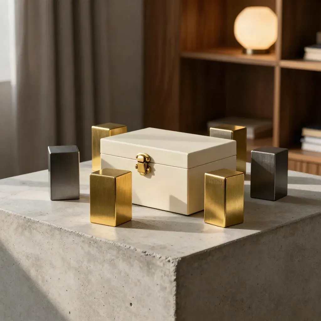 Five brass markers ring a cash reserve box on a concrete plinth in a warm investment room.