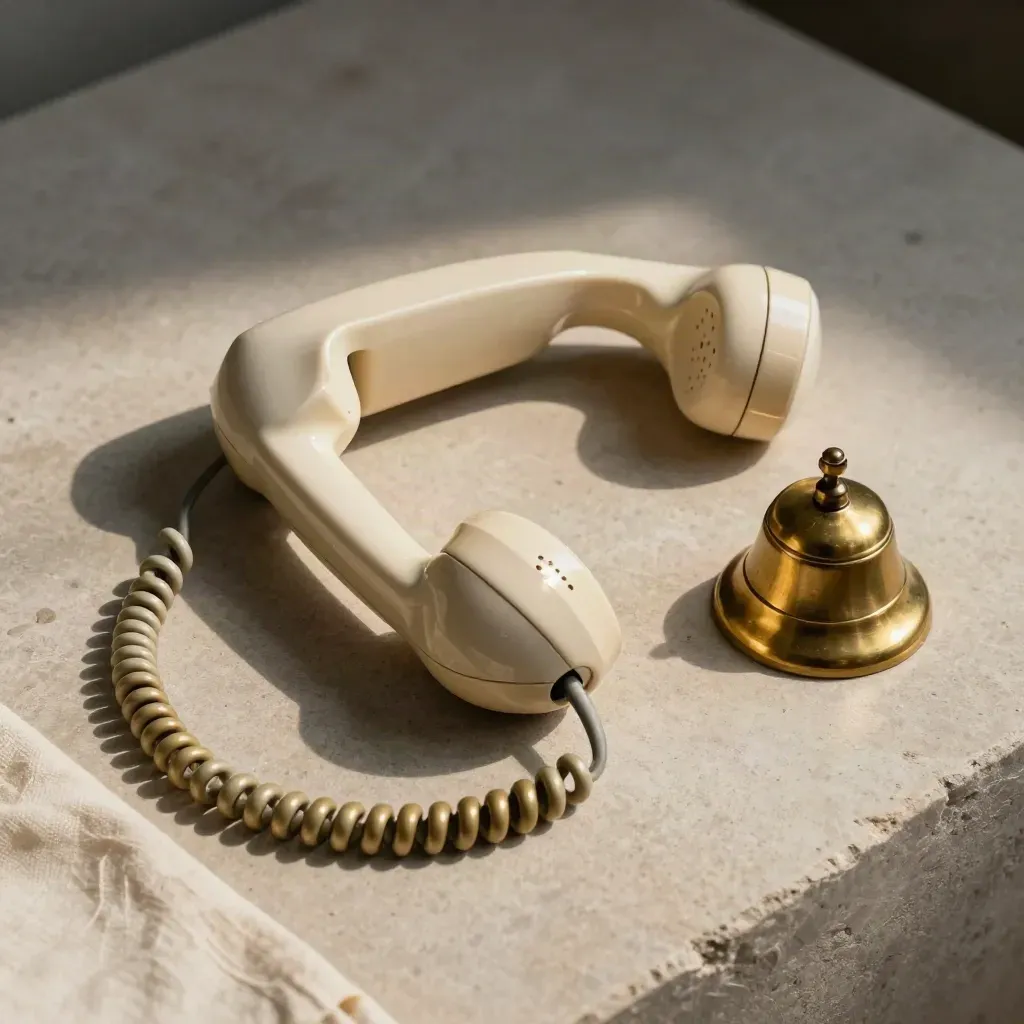 Cream handset on cradle beside a brass bell on pale stone, overhead