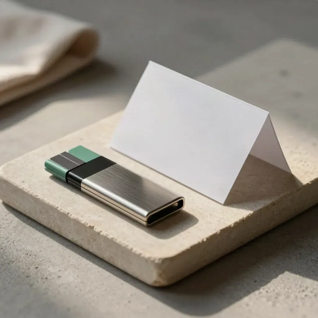 Frosted sleeve of cards, emerald tabs, and a metal memory stick on a stone tray.