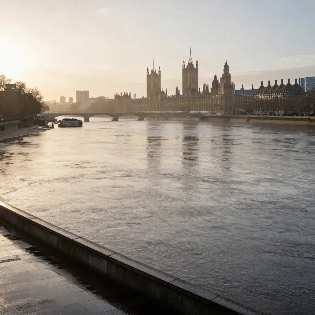Glassy Thames panorama with Westminster high in frame and misty South Bank after rain.
