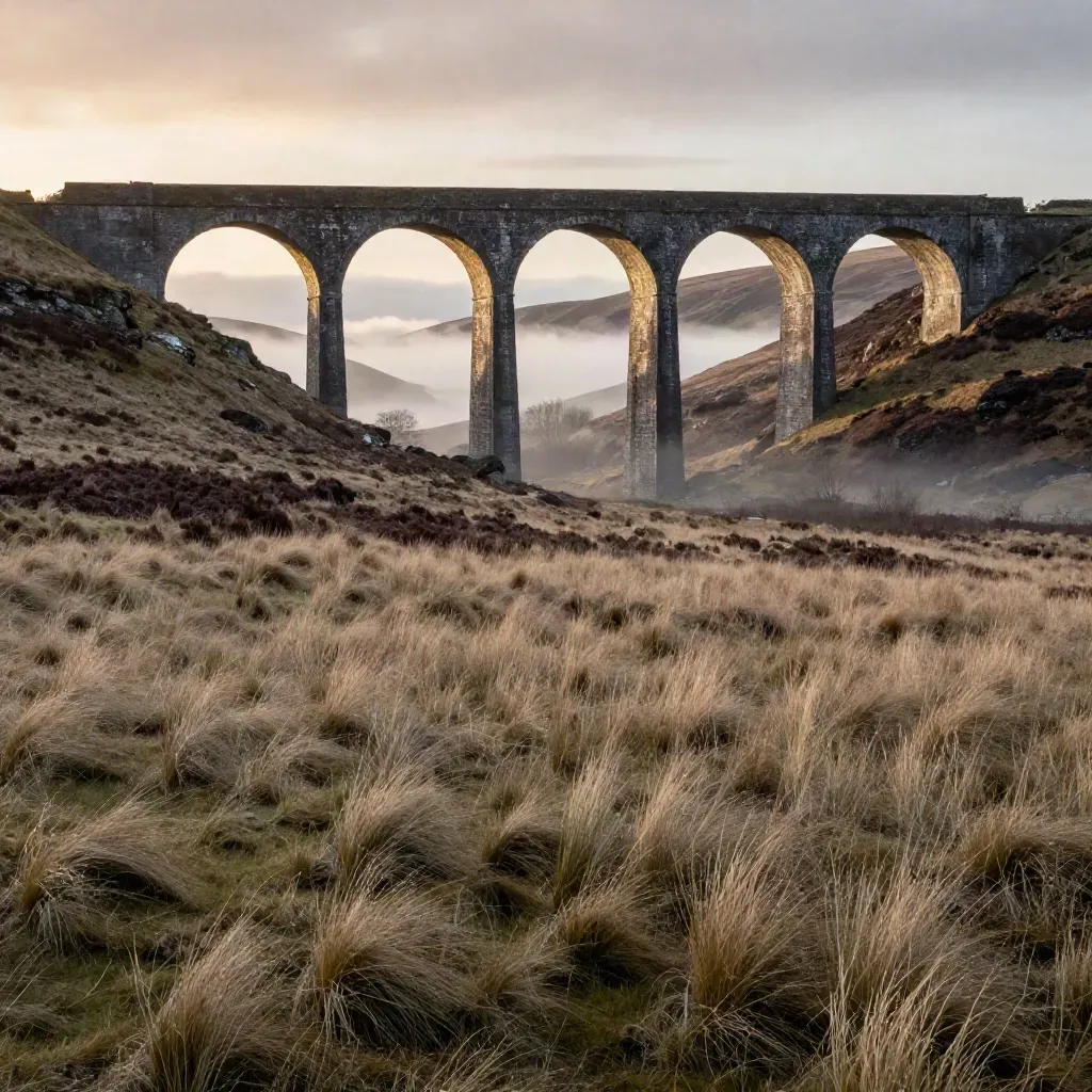 Misty North West moorland ridge with a distant stone viaduct over a broad valley at sunset.